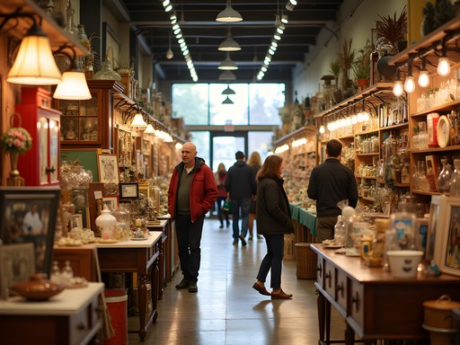 Interior of Fremont Vintage Mall with eclectic displays of retro merchandise and shoppers browsing