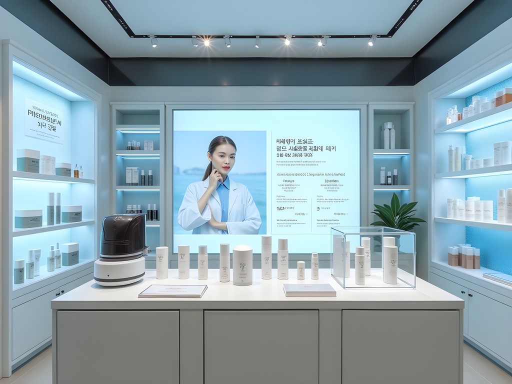 High-end cosmeceutical display with scientific testing equipment in Gangnam