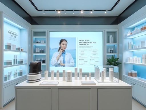 High-end cosmeceutical display with scientific testing equipment in Gangnam