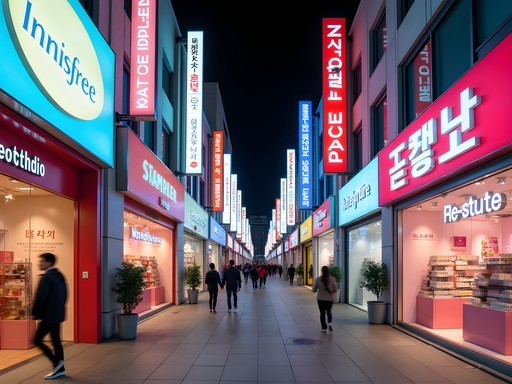 Illuminated beauty stores along Myeongdong shopping street at night