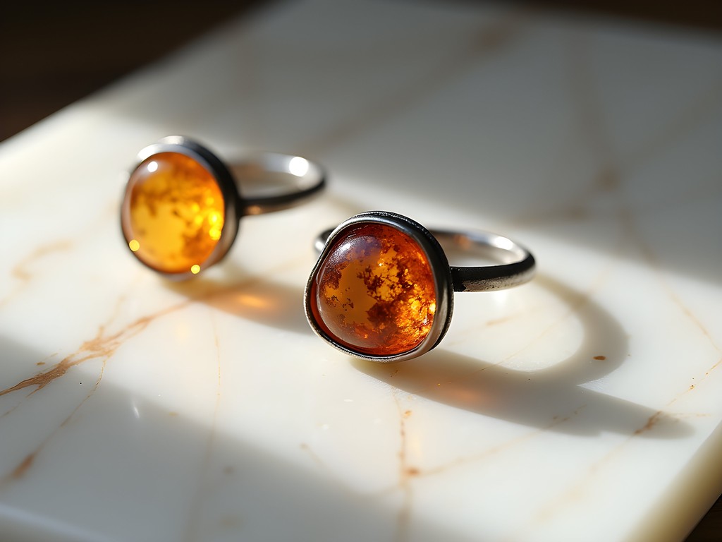 Contemporary Danish amber and silver jewelry displayed on white marble