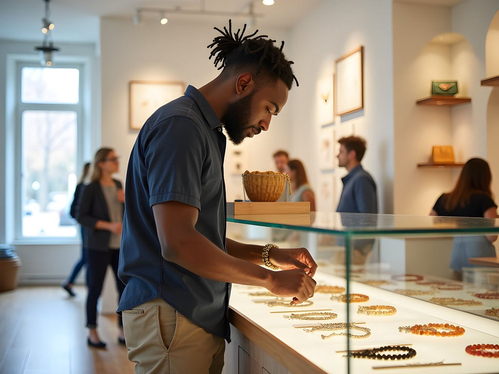 Food critic and art expert examining Danish amber jewelry in Skagen gallery