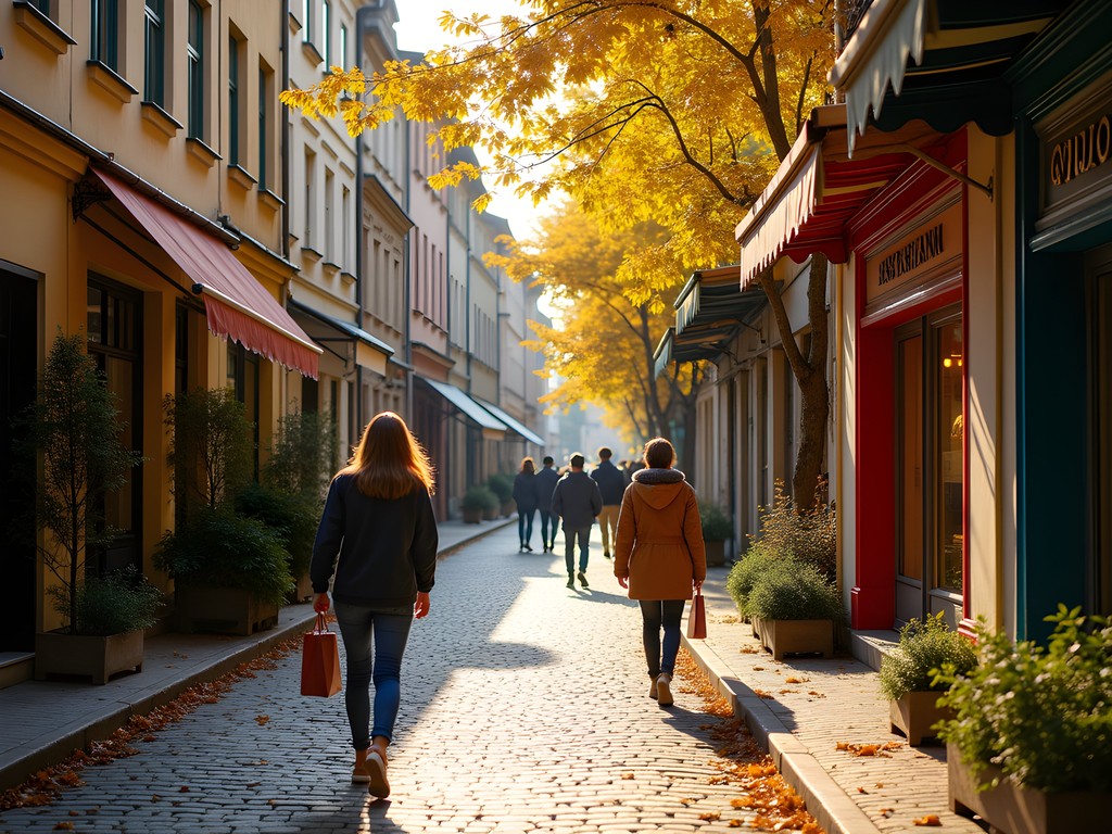 Cobblestone shopping street in Sofia Bulgaria during autumn