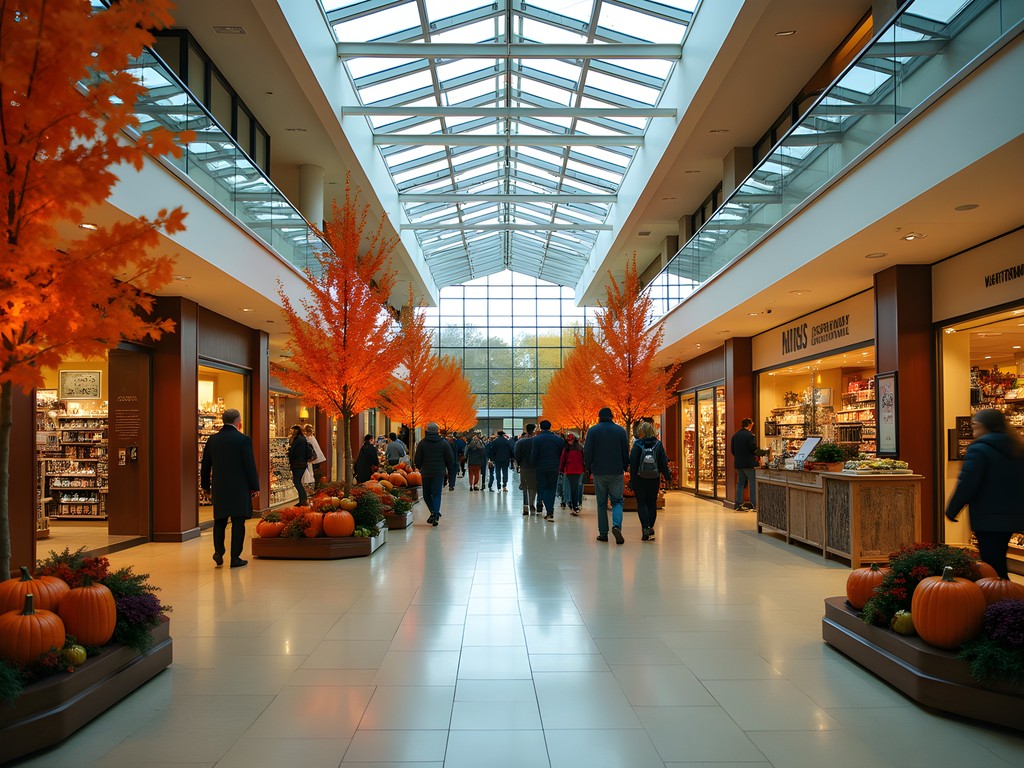 University Mall in South Burlington featuring modern architecture and fall decorations