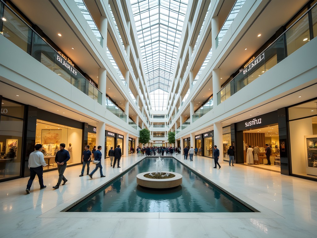 Elegant multi-level atrium of Stamford Town Center with luxury storefronts