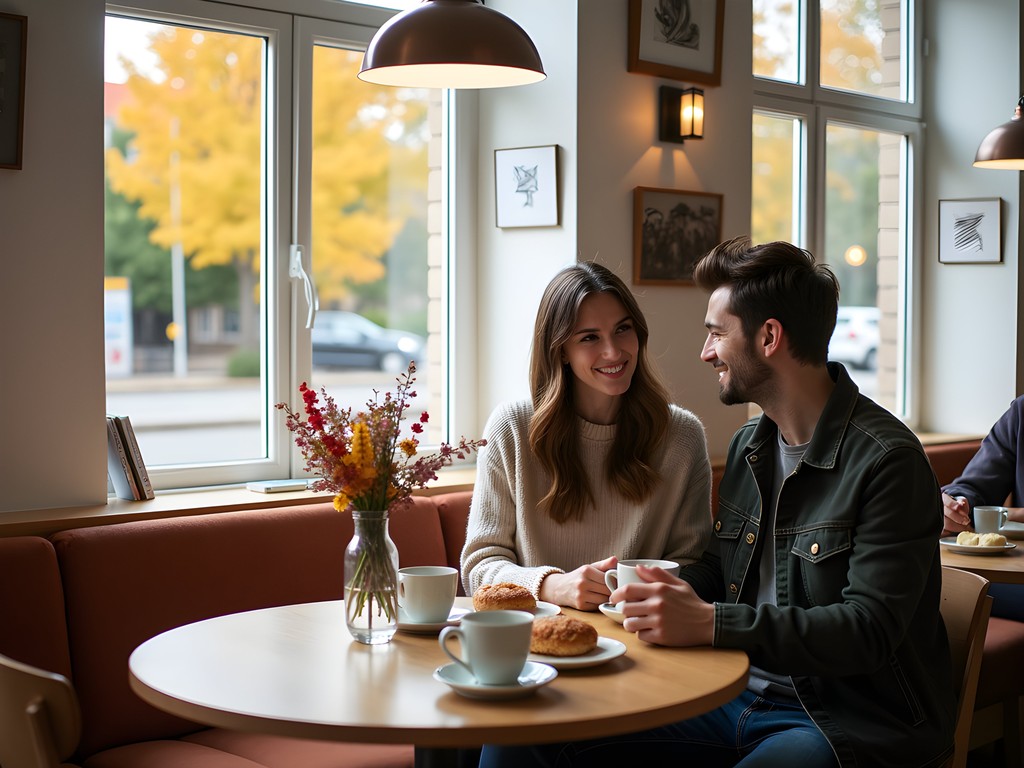 Couple enjoying coffee in a stylish Stockholm café with design books and Scandinavian furniture surrounded by autumn decor