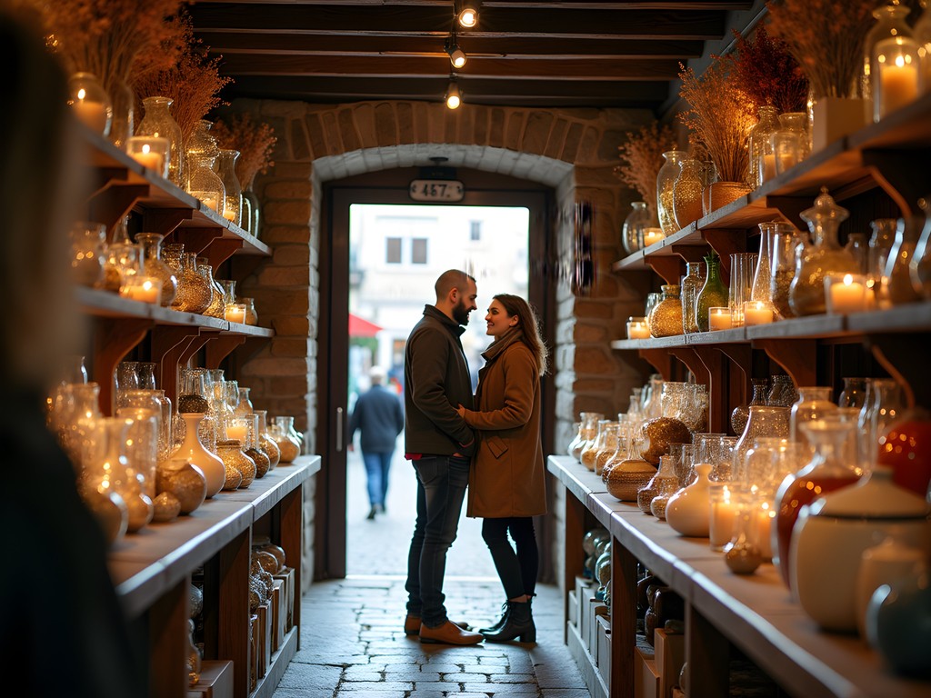 Couple exploring a traditional craft shop in Stockholm's Gamla Stan with autumn decorations and warm lighting