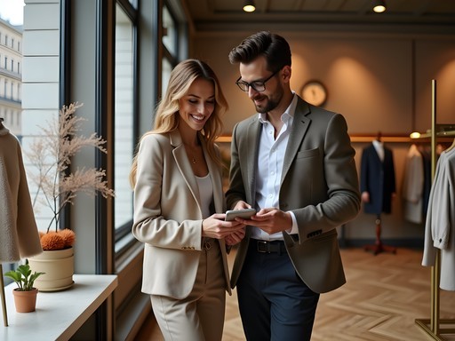 Elegant couple examining minimalist Swedish fashion in a luxury boutique in Östermalm with autumn decorative elements