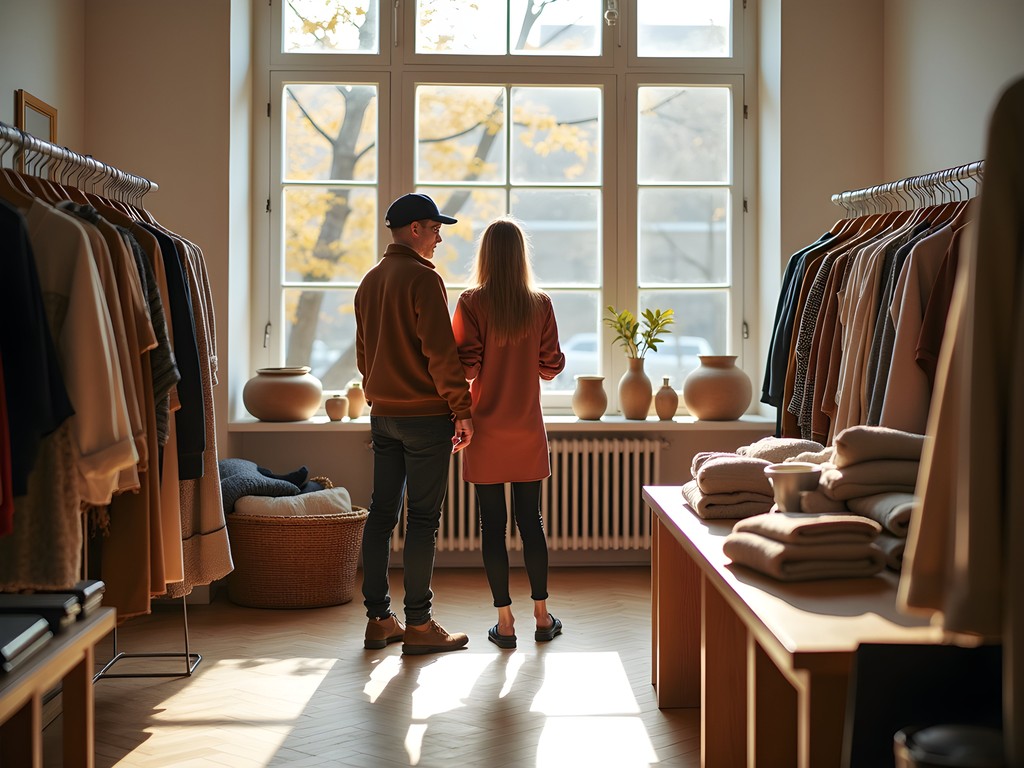 Stylish couple browsing Scandinavian design items in a minimalist Stockholm boutique with autumn light streaming through windows