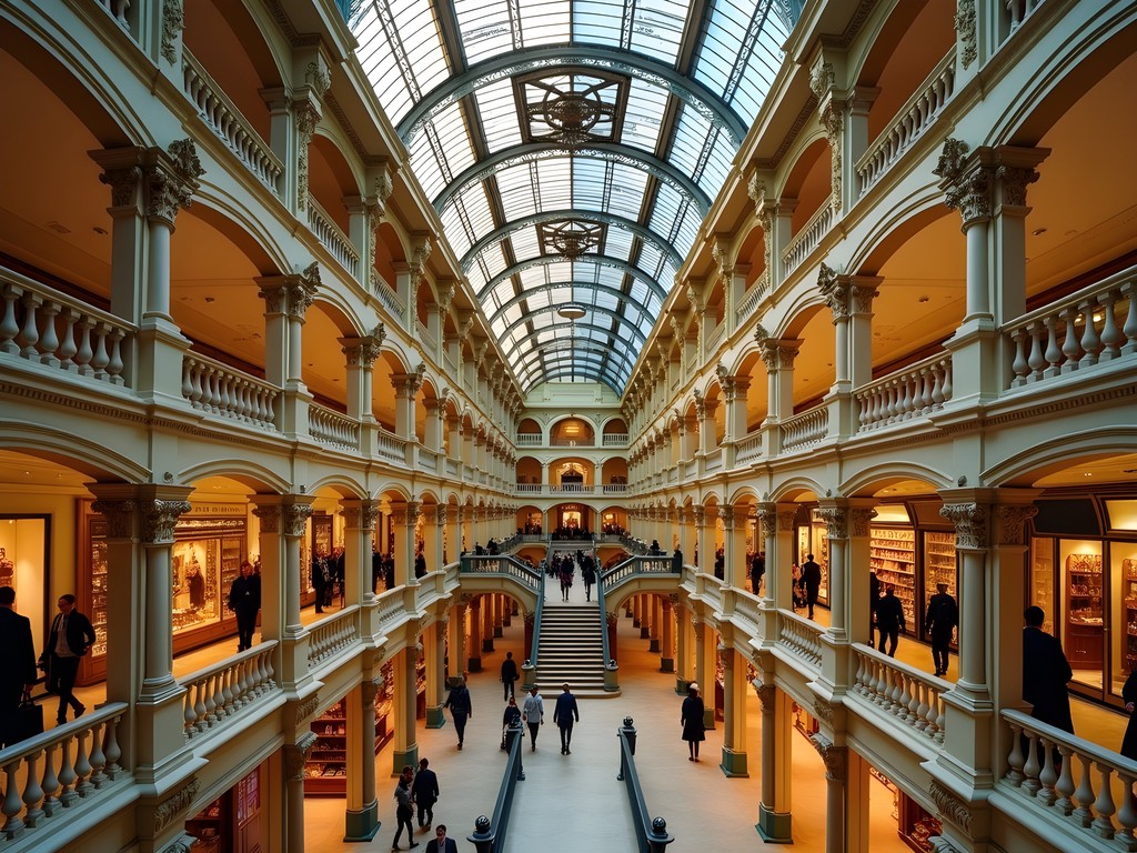 Interior of Queen Victoria Building shopping center with ornate architecture and luxury stores