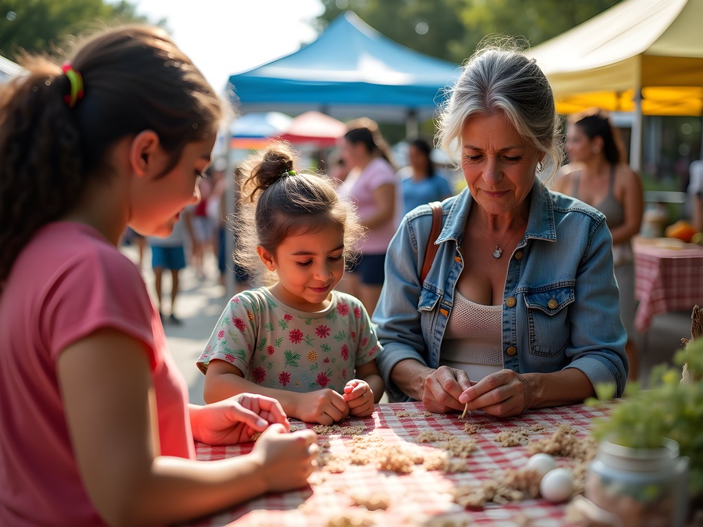 Families enjoying a pop-up market event in Tallahassee with children participating in activities