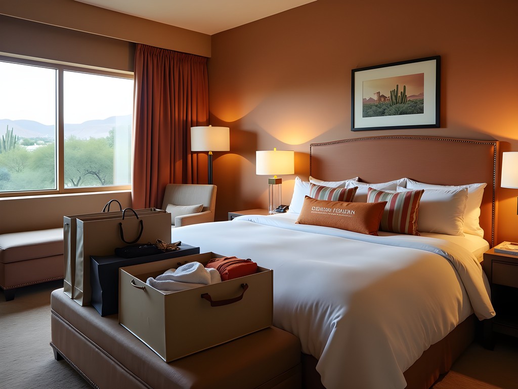 Luxury hotel room in Tempe with shopping bags from high-end stores