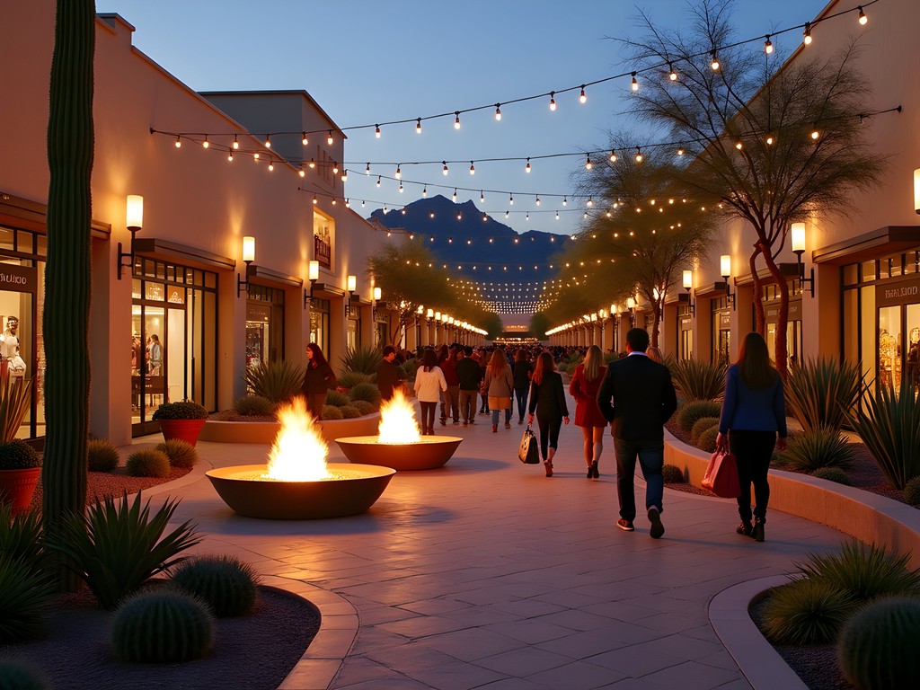 Evening shopping at Tempe Marketplace with fire features and ambient lighting