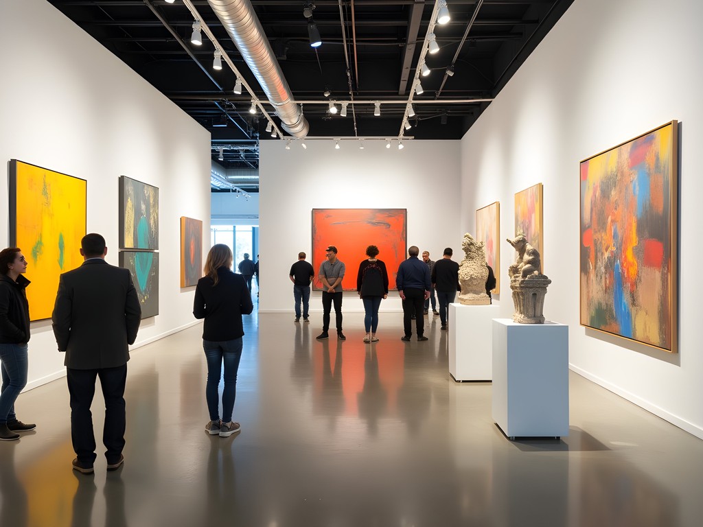 Contemporary art gallery interior in Trenton with paintings and sculptures on display