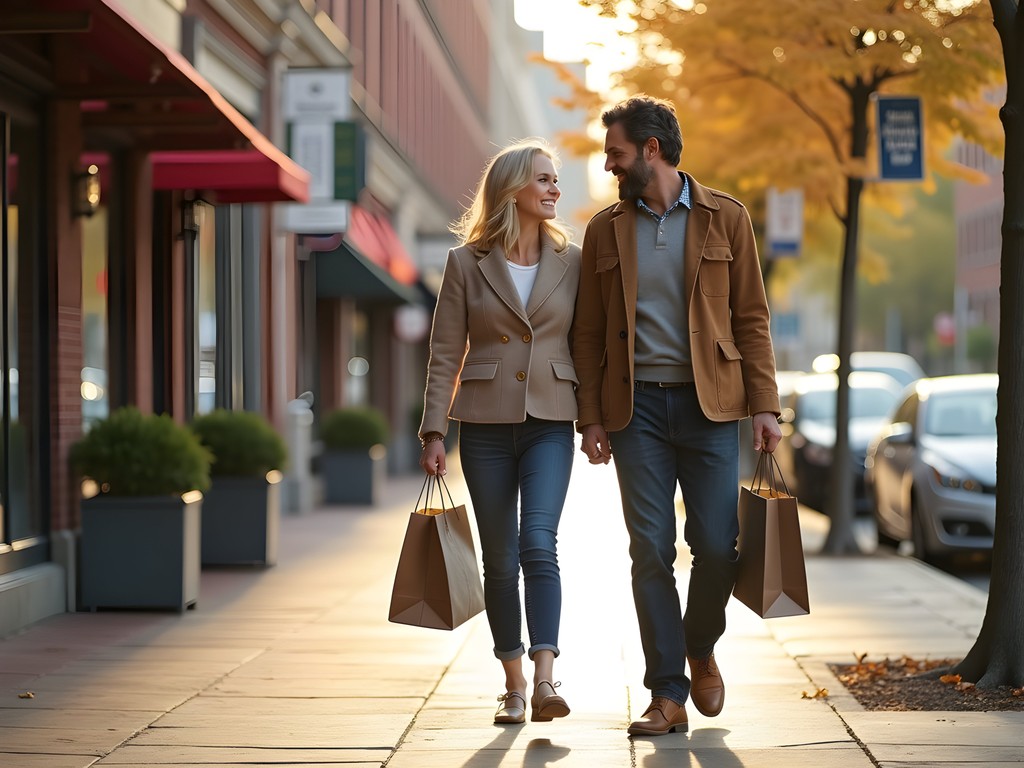 Couple walking West Hartford Center streets with boutique shopping bags enjoying weekend retail therapy