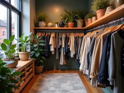 Woman browsing sustainable fashion items in a cozy boutique in Westland