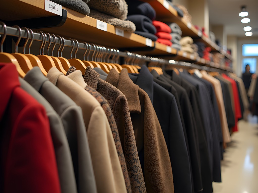 Display of discounted designer winter coats and accessories at a Westland discount retailer