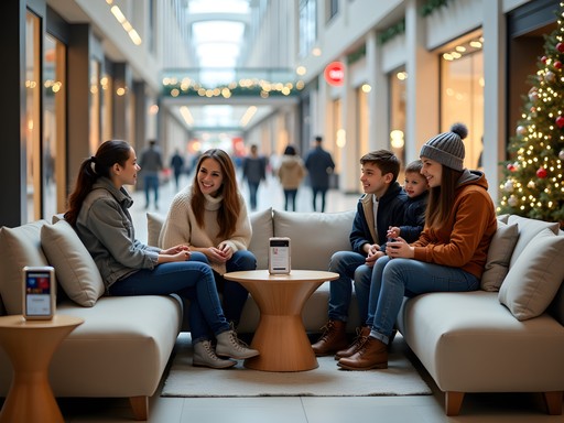 Family taking a shopping break at a comfortable seating area in Westland Shopping Center