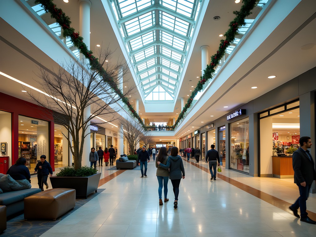 Interior of Westland Shopping Center decorated for winter with shoppers browsing stores