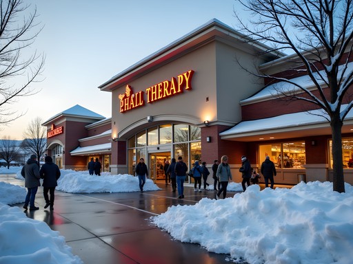 Snowy shopping center parking lot with well-cleared pathways and shoppers entering mall