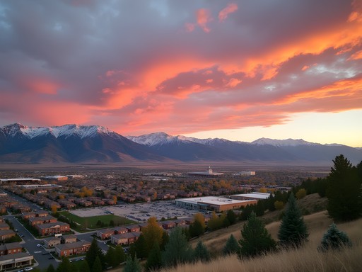 Westminster Colorado cityscape with Rocky Mountains at sunset