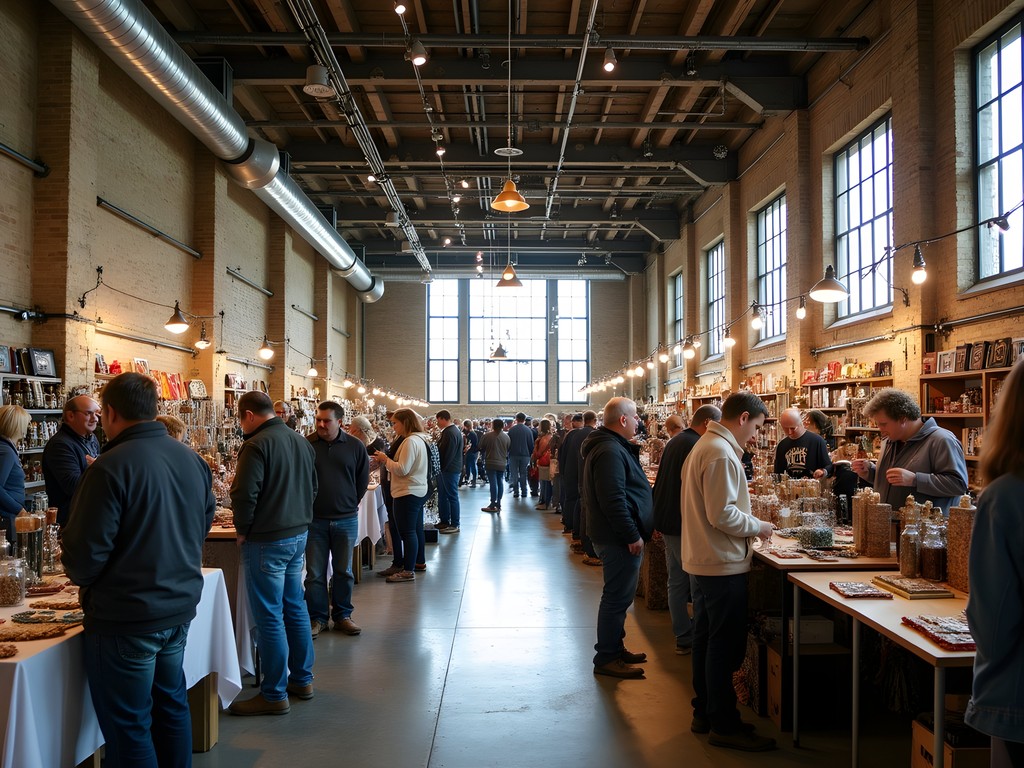 Busy indoor arts market in converted grain elevator building in Wichita