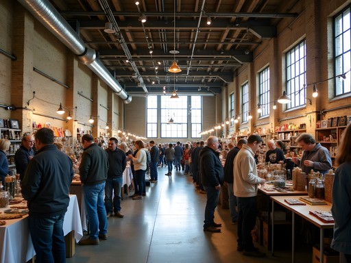 Busy indoor arts market in converted grain elevator building in Wichita