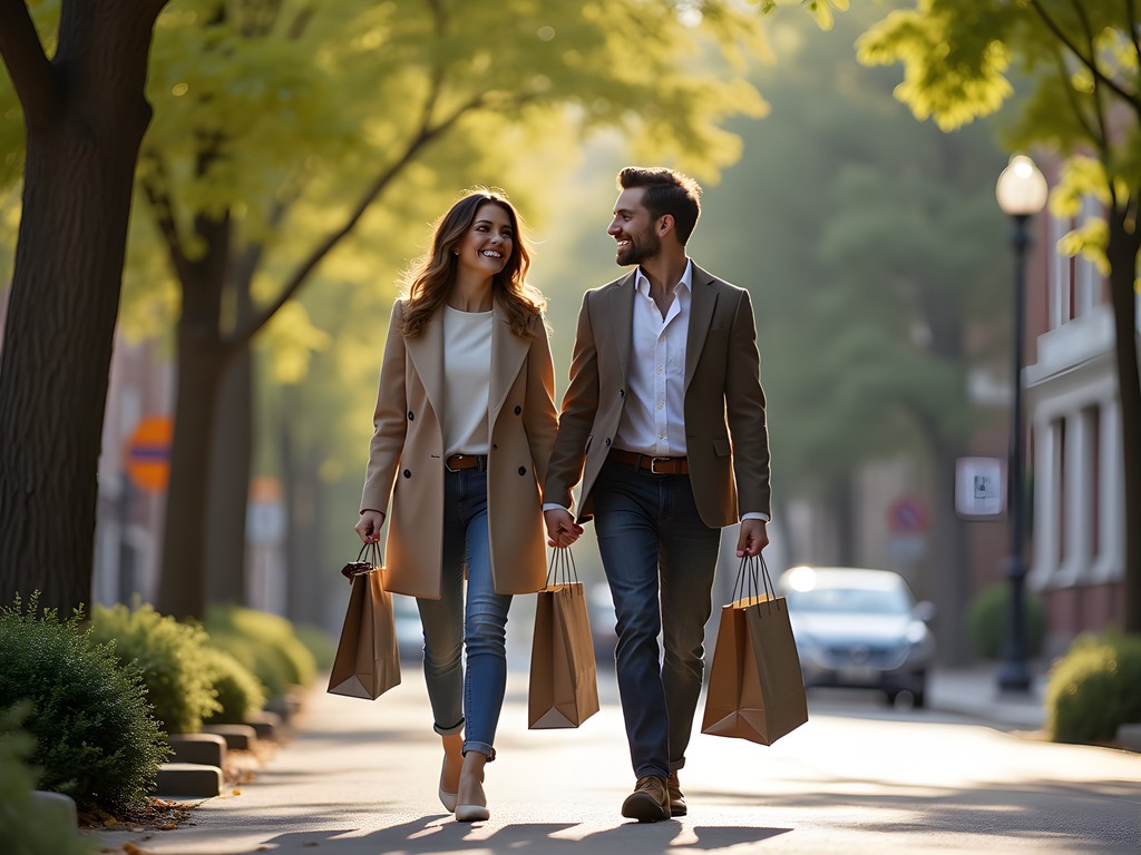 Couple walking with shopping bags on Market Street in downtown Wilmington Delaware