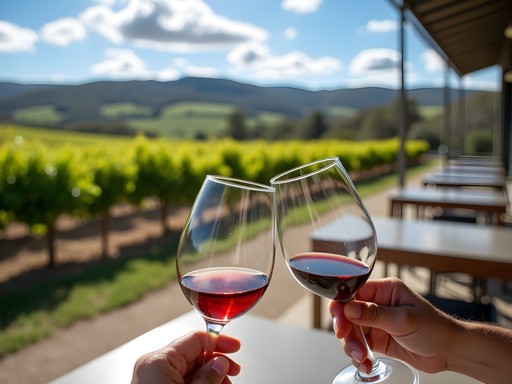 Solo traveler enjoying wine tasting with panoramic views of Adelaide Hills vineyards in spring