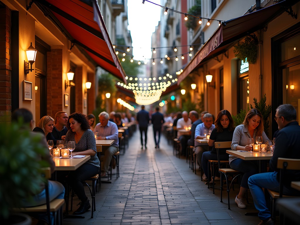 Vibrant evening scene in Adelaide's Peel Street laneway with outdoor dining tables, string lights, and solo diner enjoying meal
