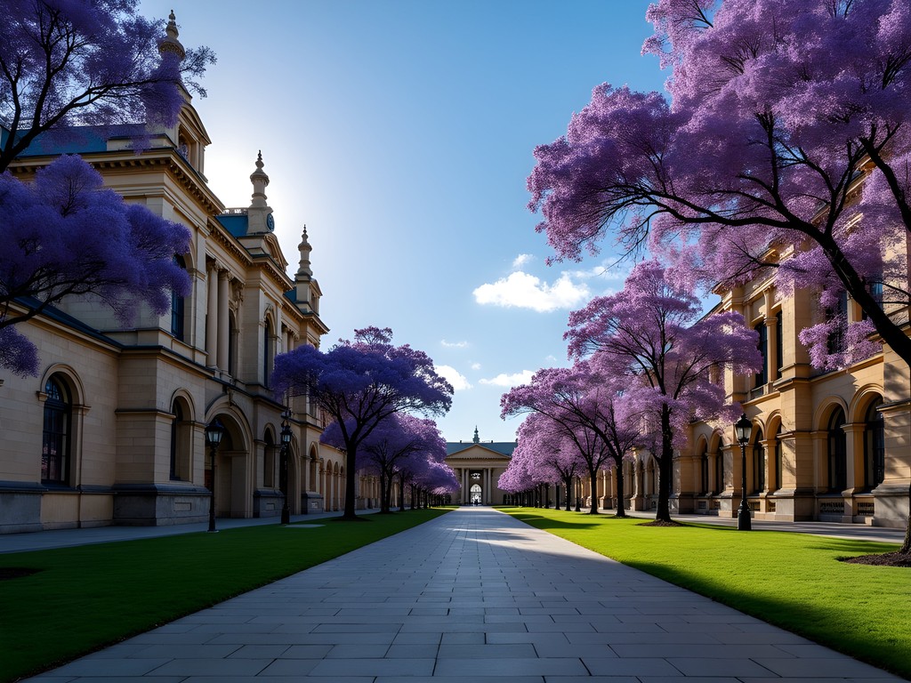 Historic sandstone buildings along North Terrace cultural boulevard in Adelaide with jacaranda trees in bloom