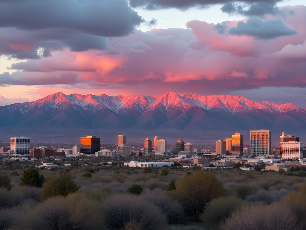 Sandia Mountains glowing pink at sunset over Albuquerque cityscape