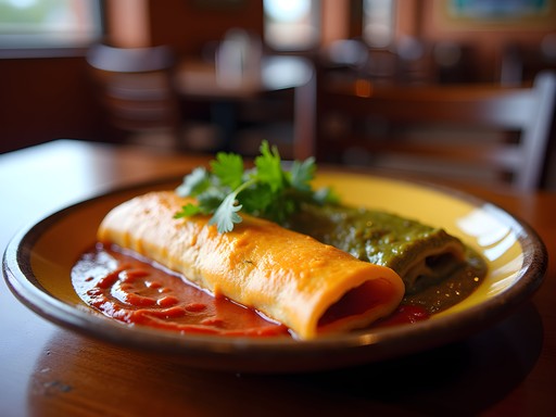 Traditional New Mexican enchiladas with both red and green chile sauce (Christmas style)