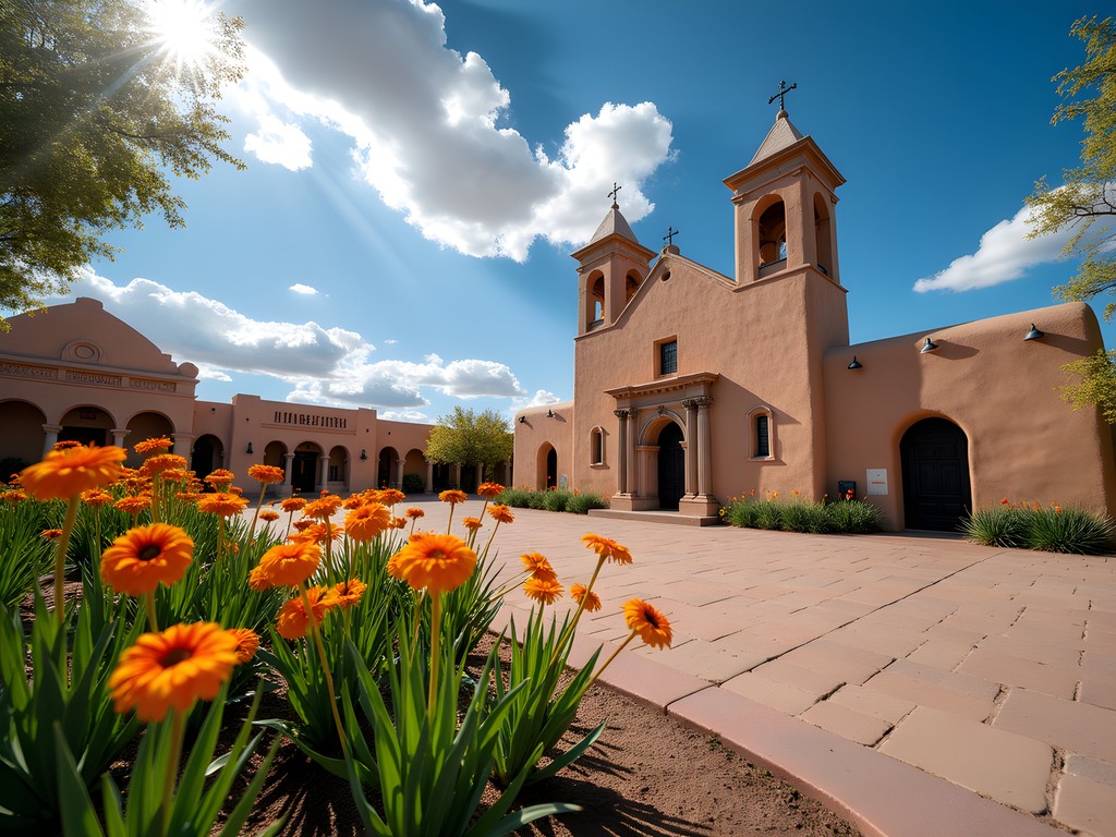 Historic Old Town Albuquerque plaza with San Felipe de Neri Church and adobe buildings