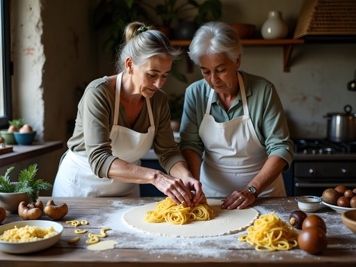 Woman learning traditional pasta making from Italian grandmother in rustic Amalfi Coast kitchen with fall ingredients