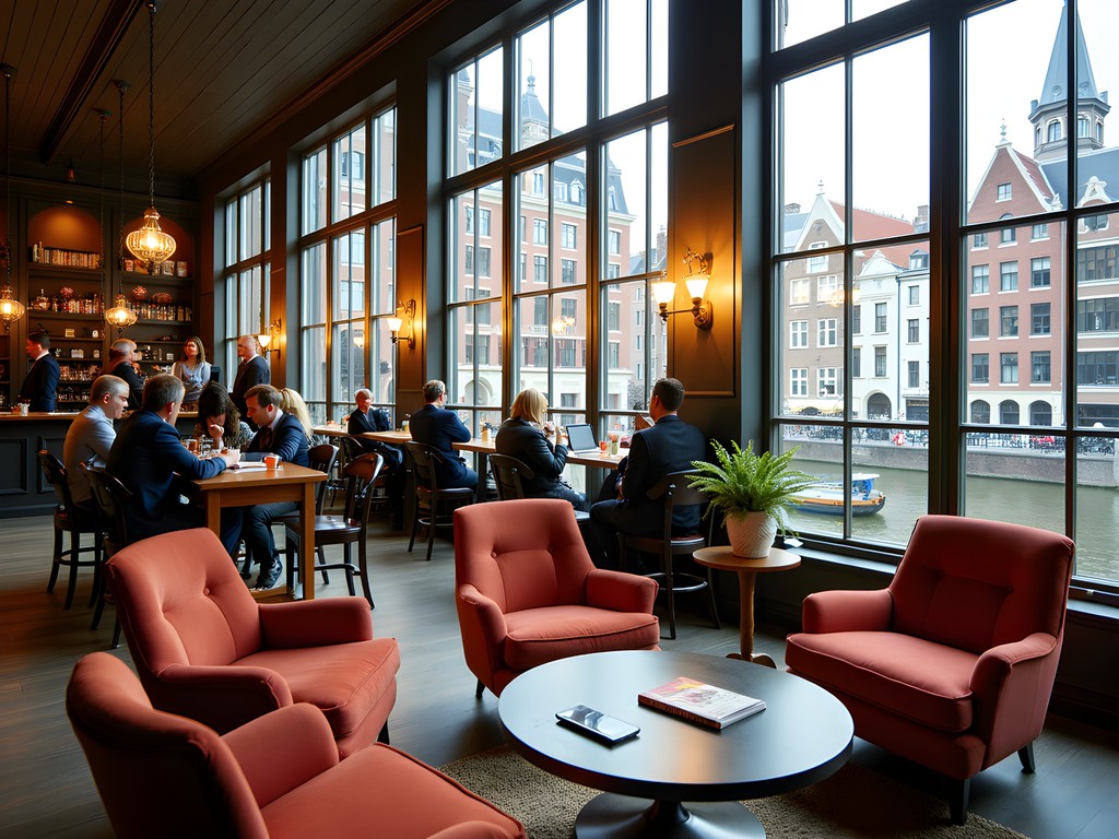 Stylish communal area in an Amsterdam boutique hotel with canal views