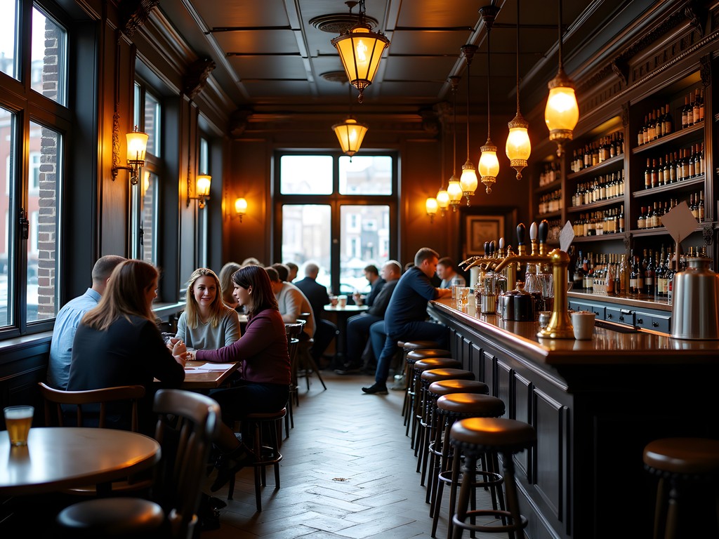 Interior of traditional Amsterdam brown café with wooden decor and locals enjoying drinks