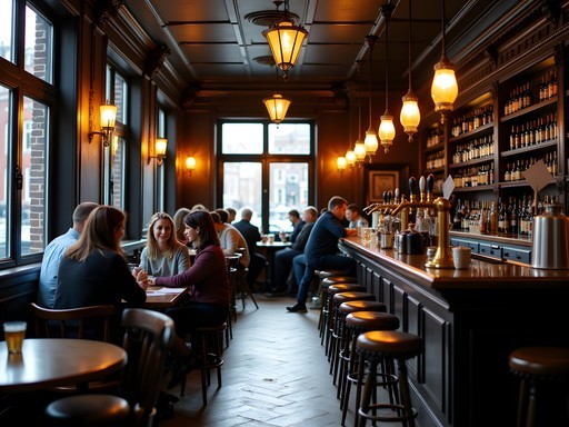 Interior of traditional Amsterdam brown café with wooden decor and locals enjoying drinks