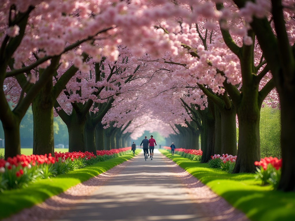 Solo cyclist riding through blooming cherry blossoms in Vondelpark Amsterdam during spring