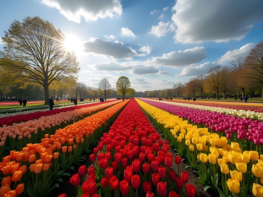 Vibrant multicolored tulip fields at Keukenhof Gardens near Amsterdam in spring