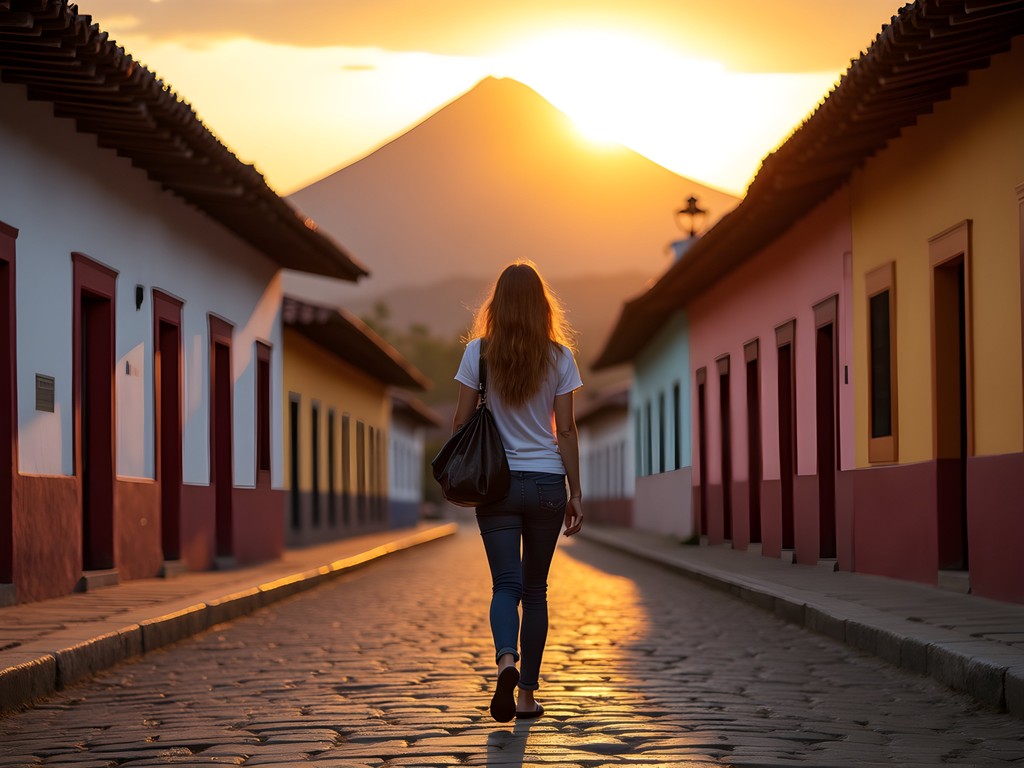 Solo female traveler walking on cobblestone street in Antigua at sunset with volcano view