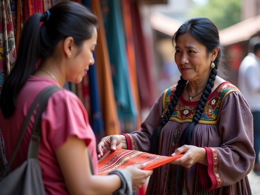 Indigenous Guatemalan woman showing traditional textiles to female traveler at local market in Antigua
