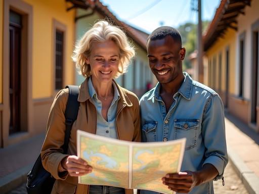 Senior woman traveler checking map with local guide in Antsiranana