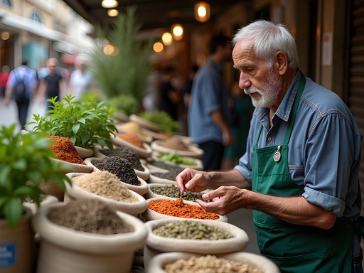 Colorful display of medicinal herbs and spices at Athens Central Market with local vendor
