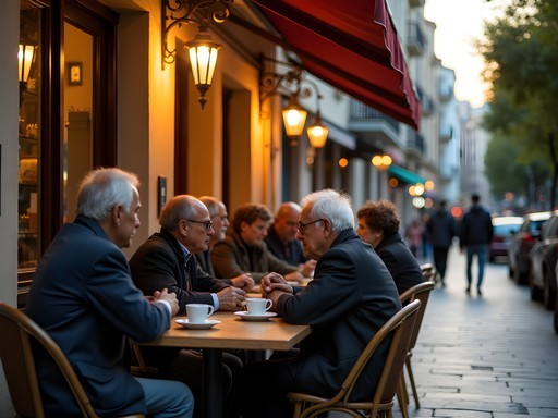 Early evening scene at neighborhood cafe in Athens with locals enjoying coffee and conversation