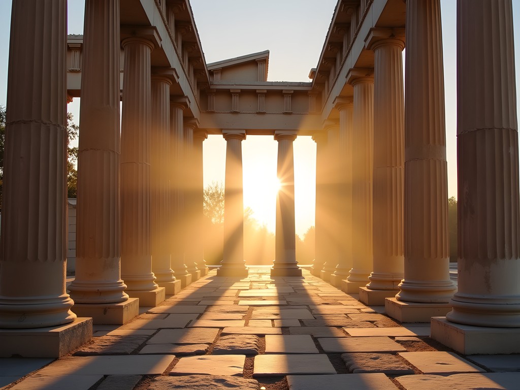 Temple of Hephaestus in Athens bathed in early morning light with geometric shadows