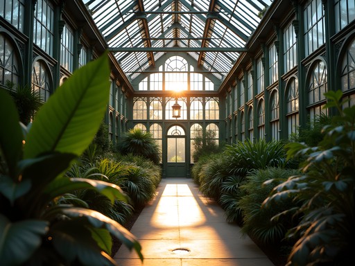 Victorian glasshouse interior at Auckland Domain Wintergardens with tropical plants