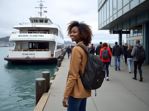 Auckland ferry terminal with travelers boarding Waiheke Island ferry