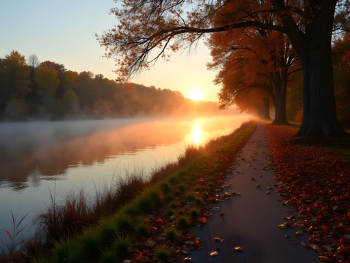 Fox River Trail in Aurora during early morning with autumn colors and river mist