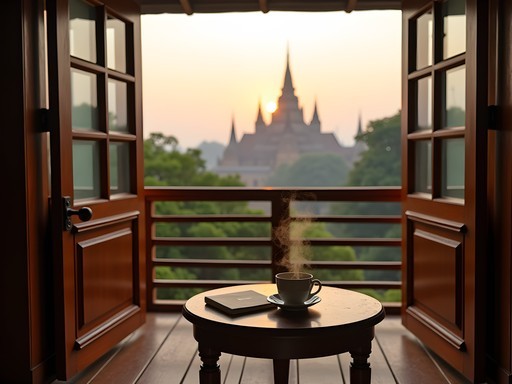Woman journaling on guesthouse balcony in Ayutthaya with temple view